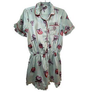River Island Mint Green‎ Bow Print Satin Pajama Shorts Romper Junior Size Medium